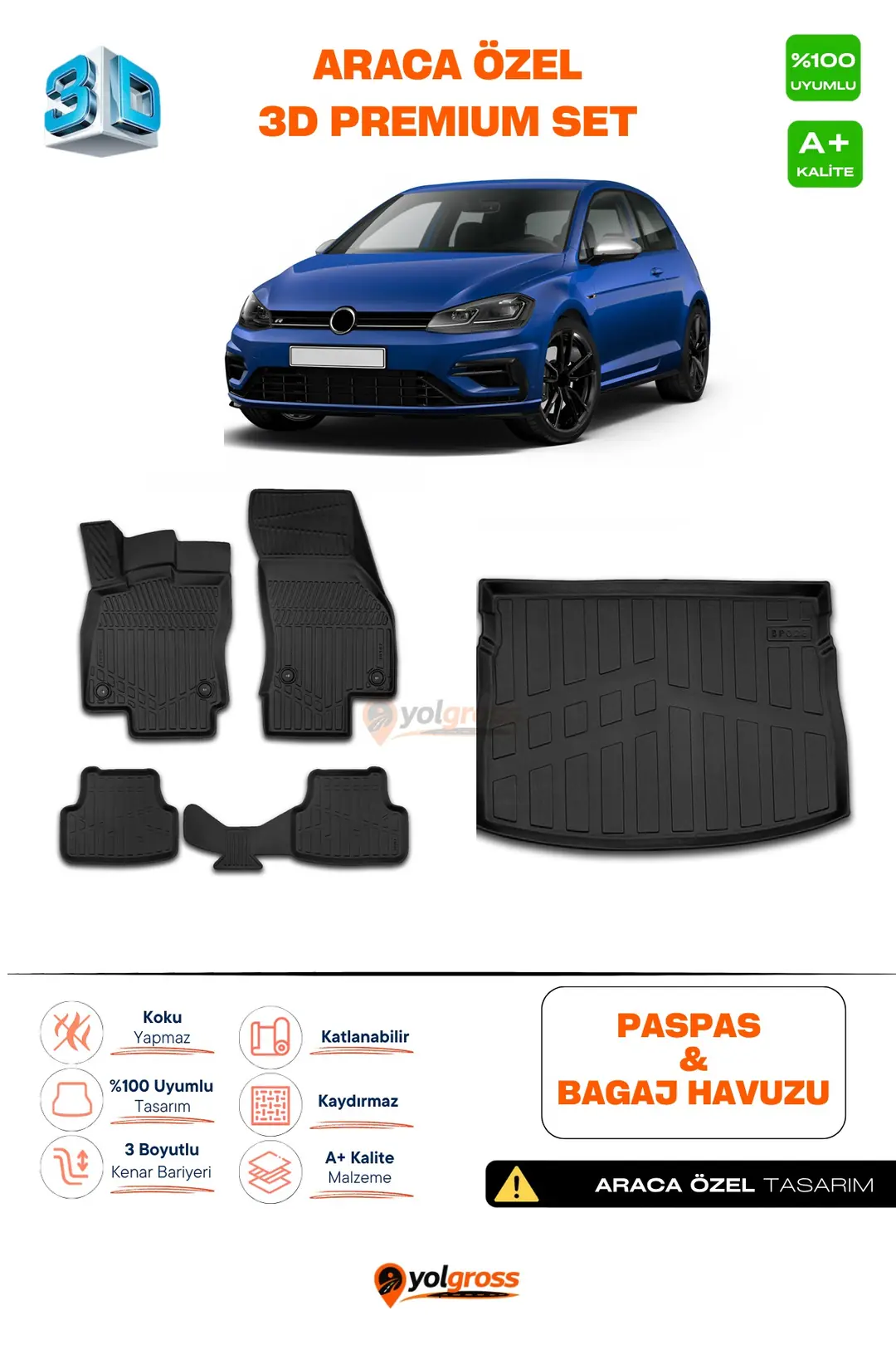 Ürün görseli: VW Golf 7 3D Pro Havuzlu Paspas ve Bagaj Havuzu Seti (2'li SET) 2012-2020 A+ Kalite